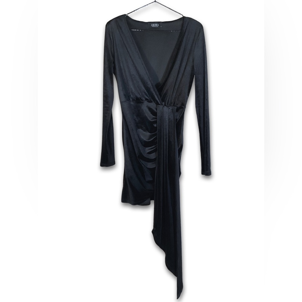 [ AKIRA ] LongSleeve Plunge Velvet MiniDress w/Ruched Skirt/Sash: Black: M: NWOT